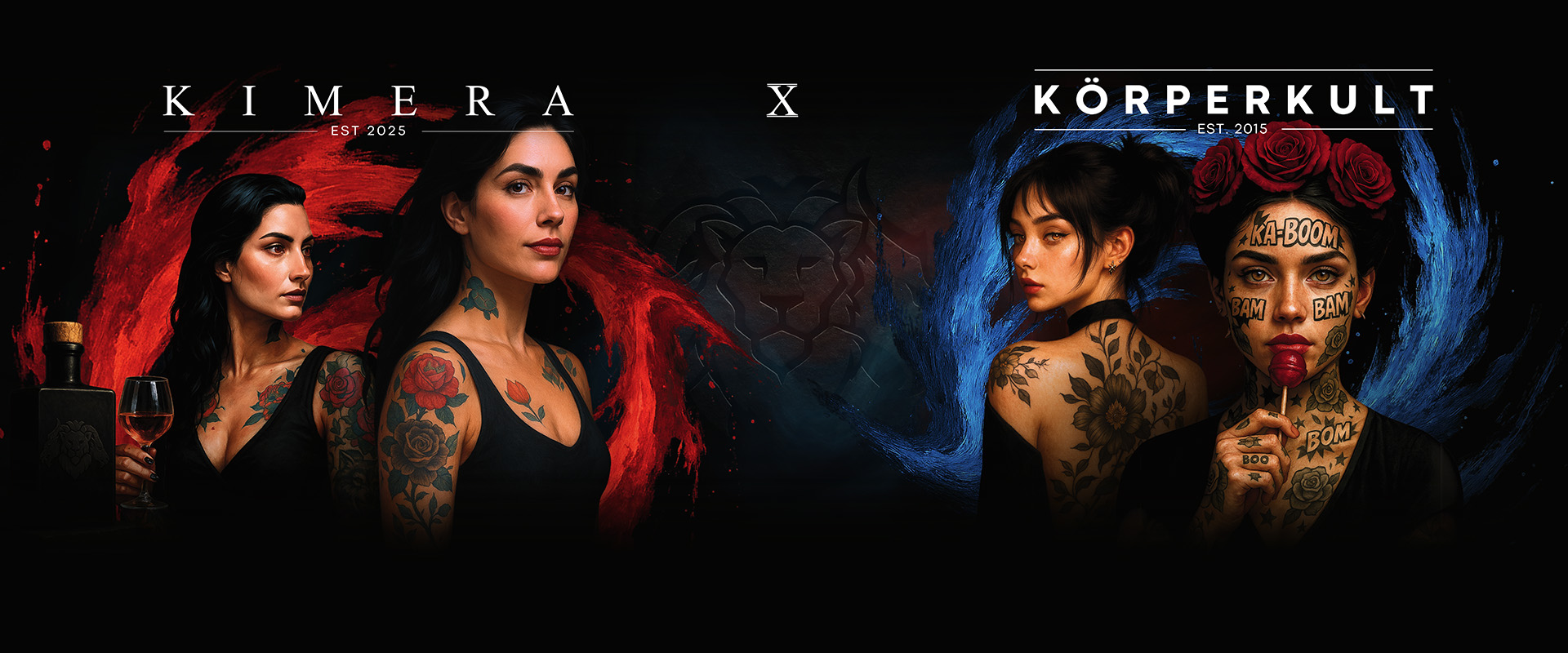 Zwei Frauen mit Tattoos vor rotem und blauem Hintergrund, ernster Ausdruck.