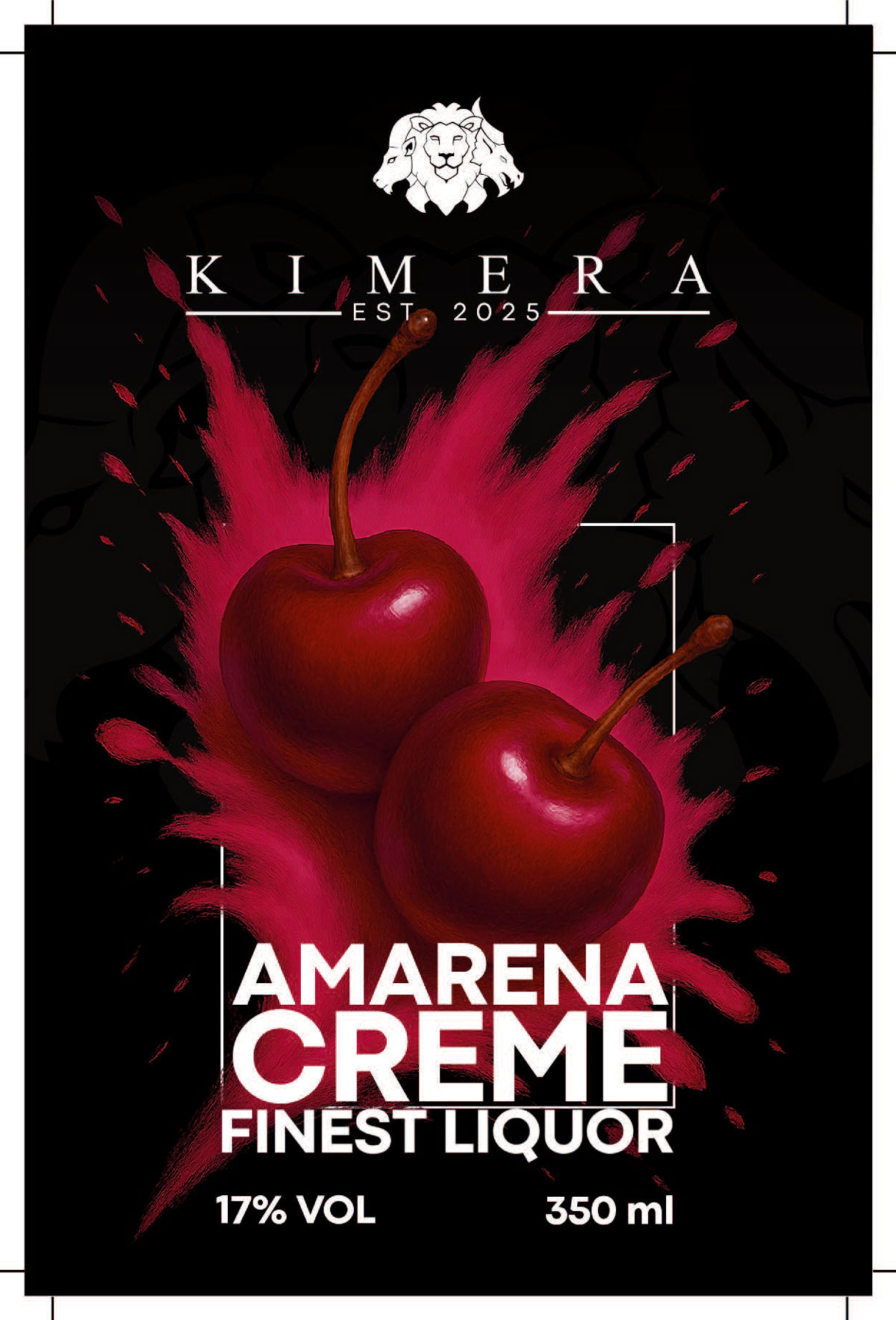 Etikett für Kimera Amarena Creme Likör mit roten Kirschen und pinkem Farbspritzer im Hintergrund.