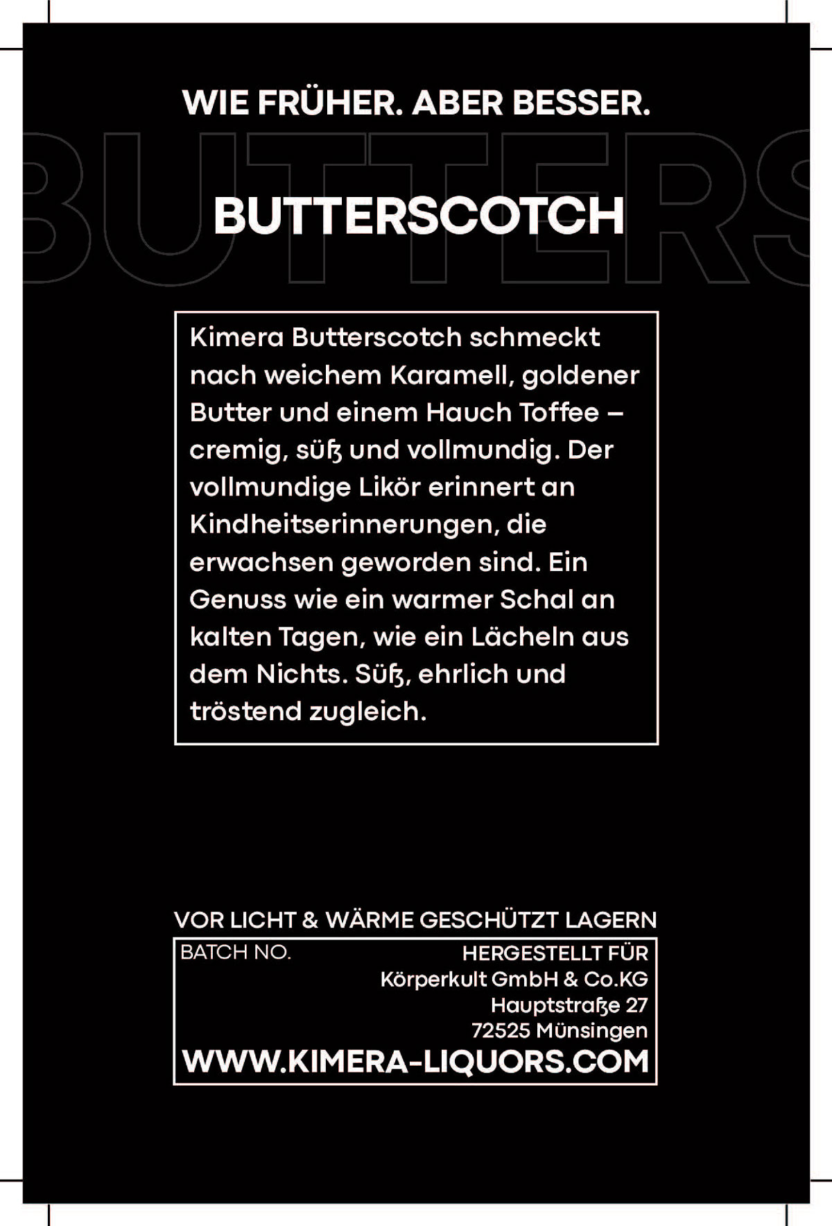 Schwarze Produktverpackung für Butterscotch-Likör; enthält Details zur Lagerung und Herstellerinfos.