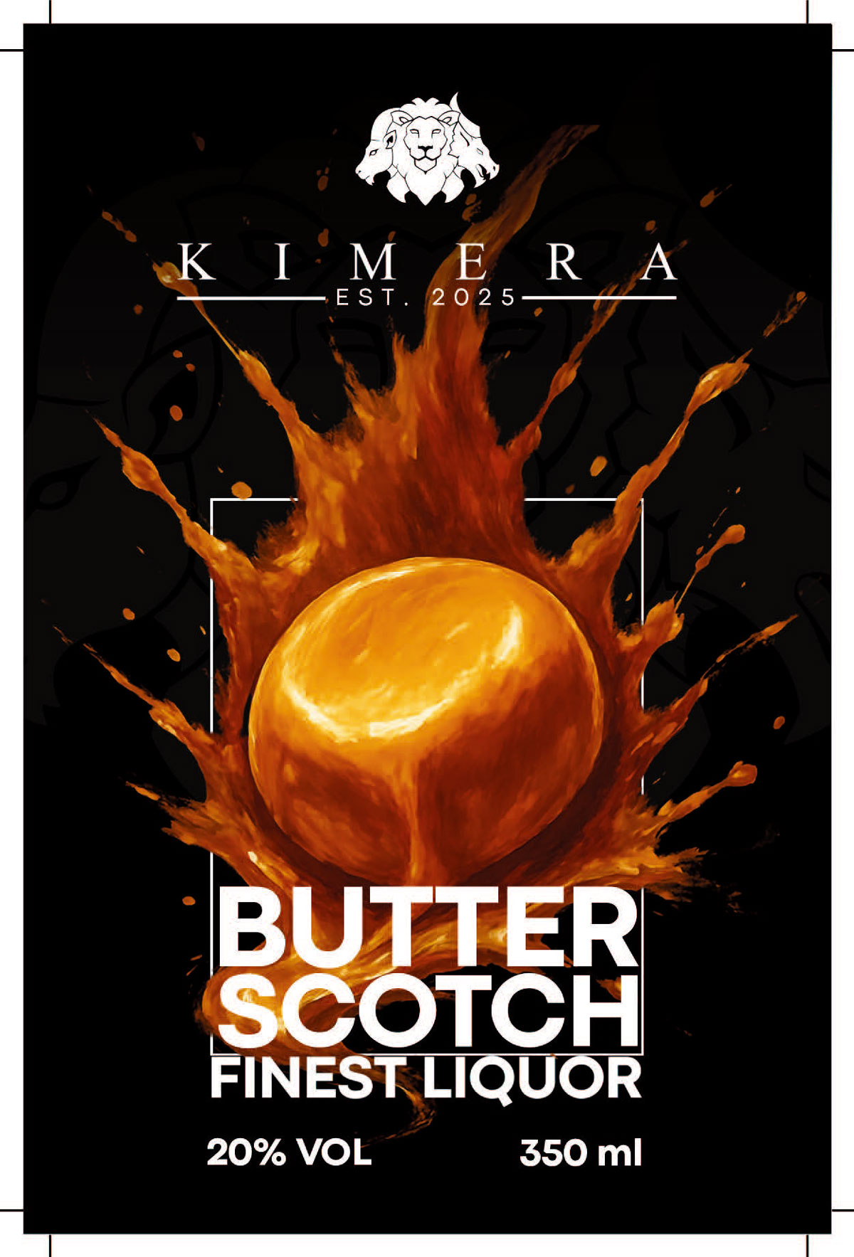 Etikett für Kimera Butterscotch Likör, goldene Kugel-Spritzer vor schwarzem Hintergrund.