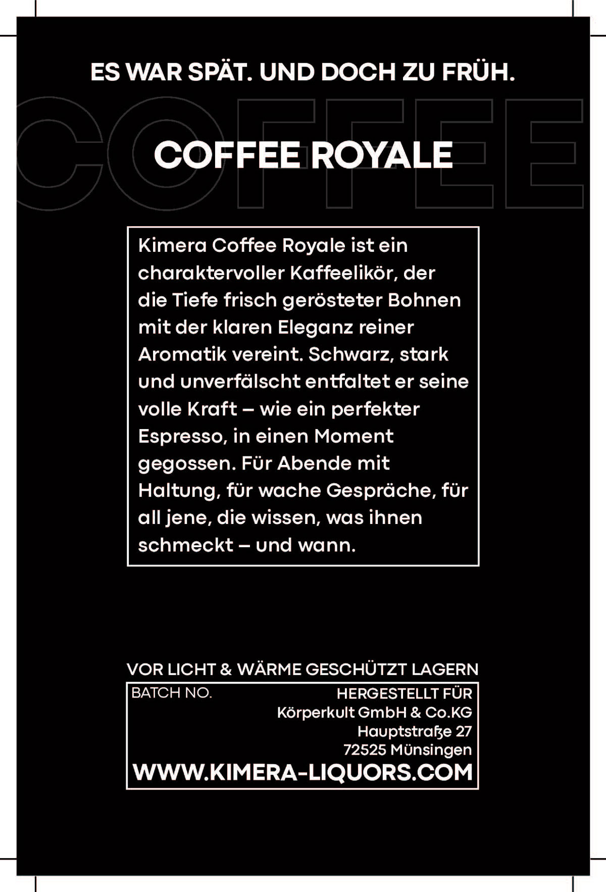 Schwarzes Werbeposter für Coffee Royale mit weißem Text und detaillierter Produktbeschreibung.