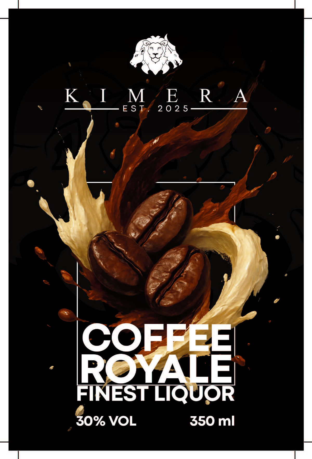 Drei Kaffeebohnen umgeben von Kaffee- und Milchspritzern auf schwarzem Hintergrund.