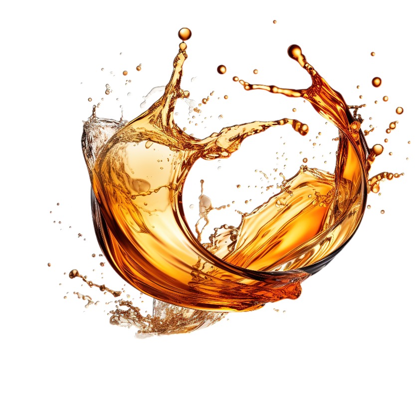 Eleganter Likör-Spritzer isoliert auf einem transparenten Hintergrund, der die dynamische Bewegung und die reichen Bernsteintöne des luxuriösen Likörs einfängt.