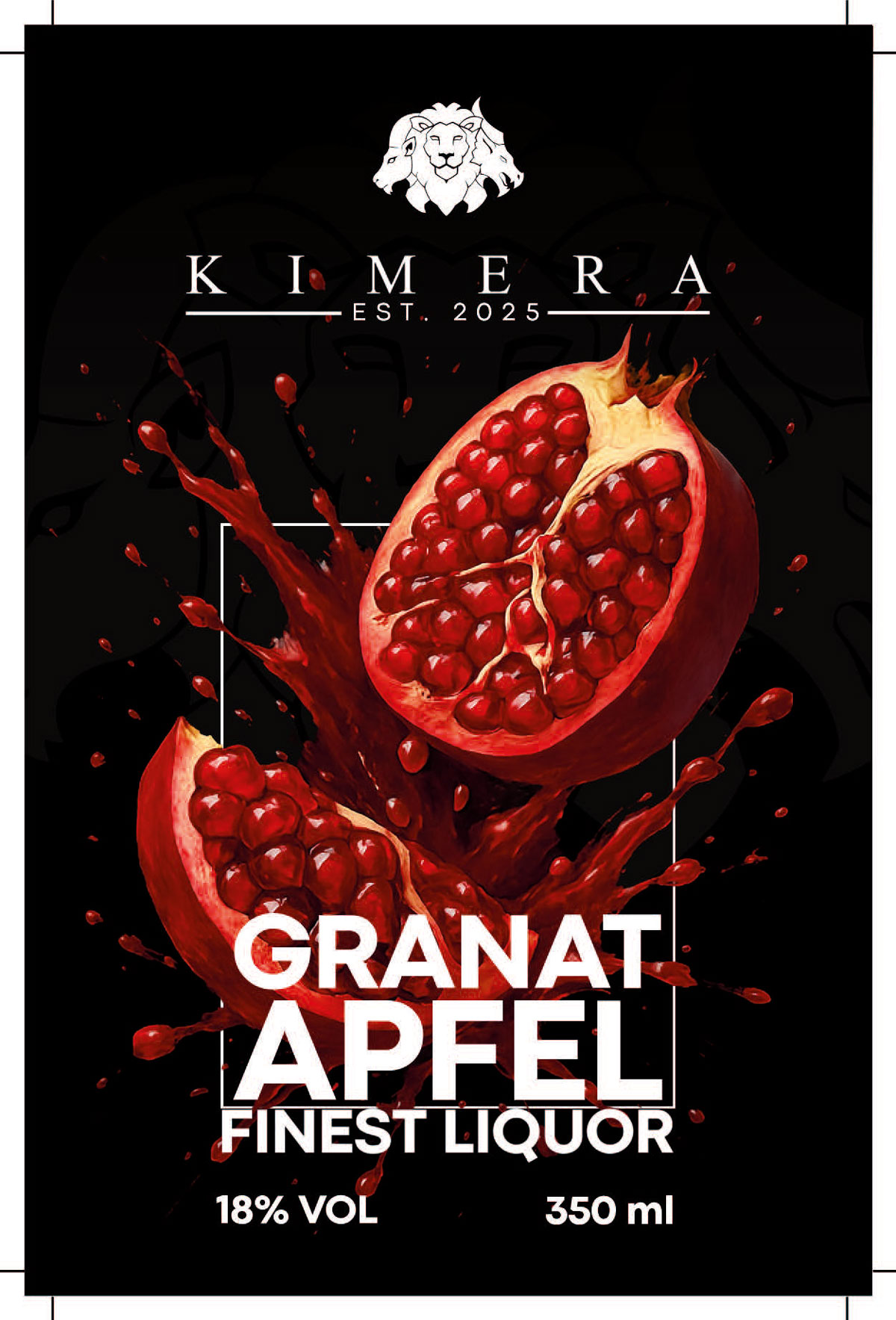 Fliegender Granatapfel, gespalten, rote Flüssigkeit spritzt auf schwarzem Hintergrund.