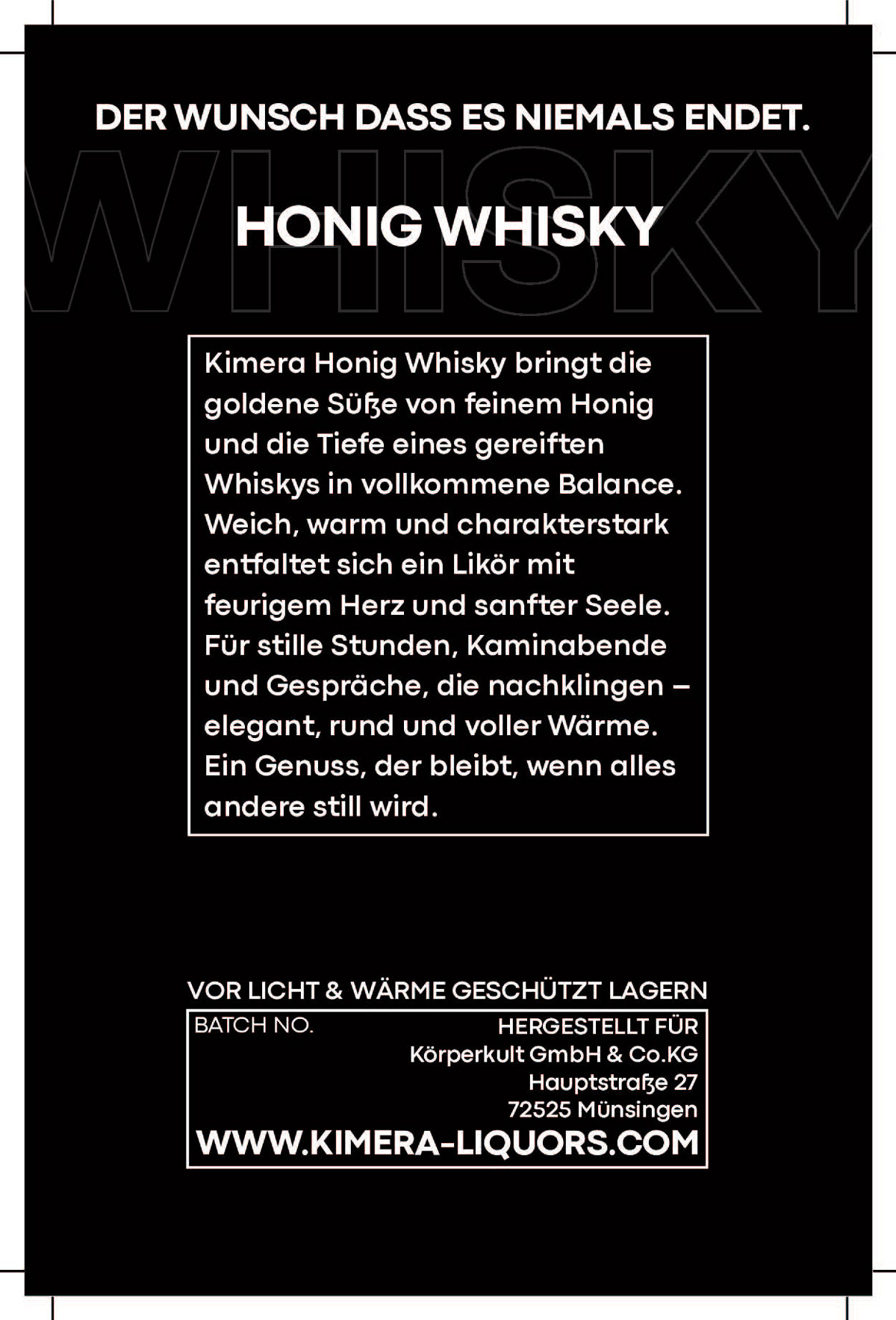 Schwarzes und weißes Poster für Honig Whisky mit Text über Eigenschaften des Whiskys.