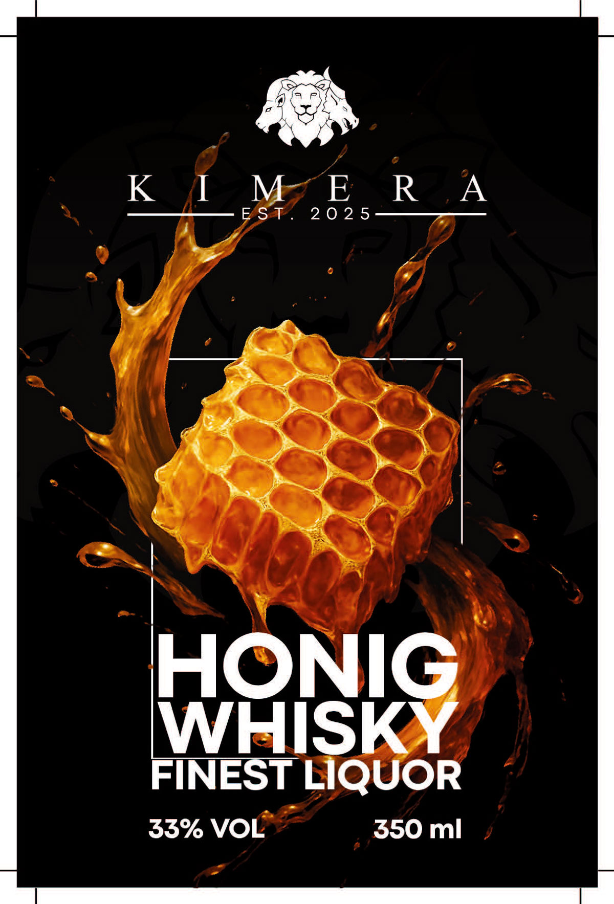 Honigwabe und spritzender Whisky auf schwarzem Hintergrund, Kimera-Logo oben.