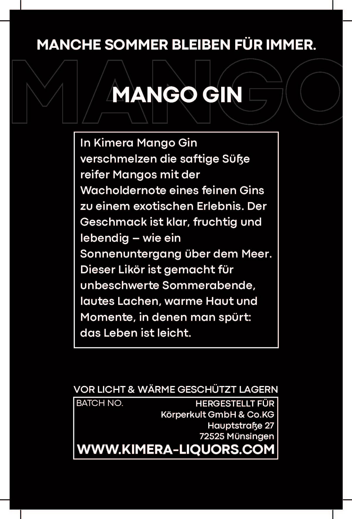 Schwarzes Schild mit Mangolikör-Beschreibung in weißer Schrift.