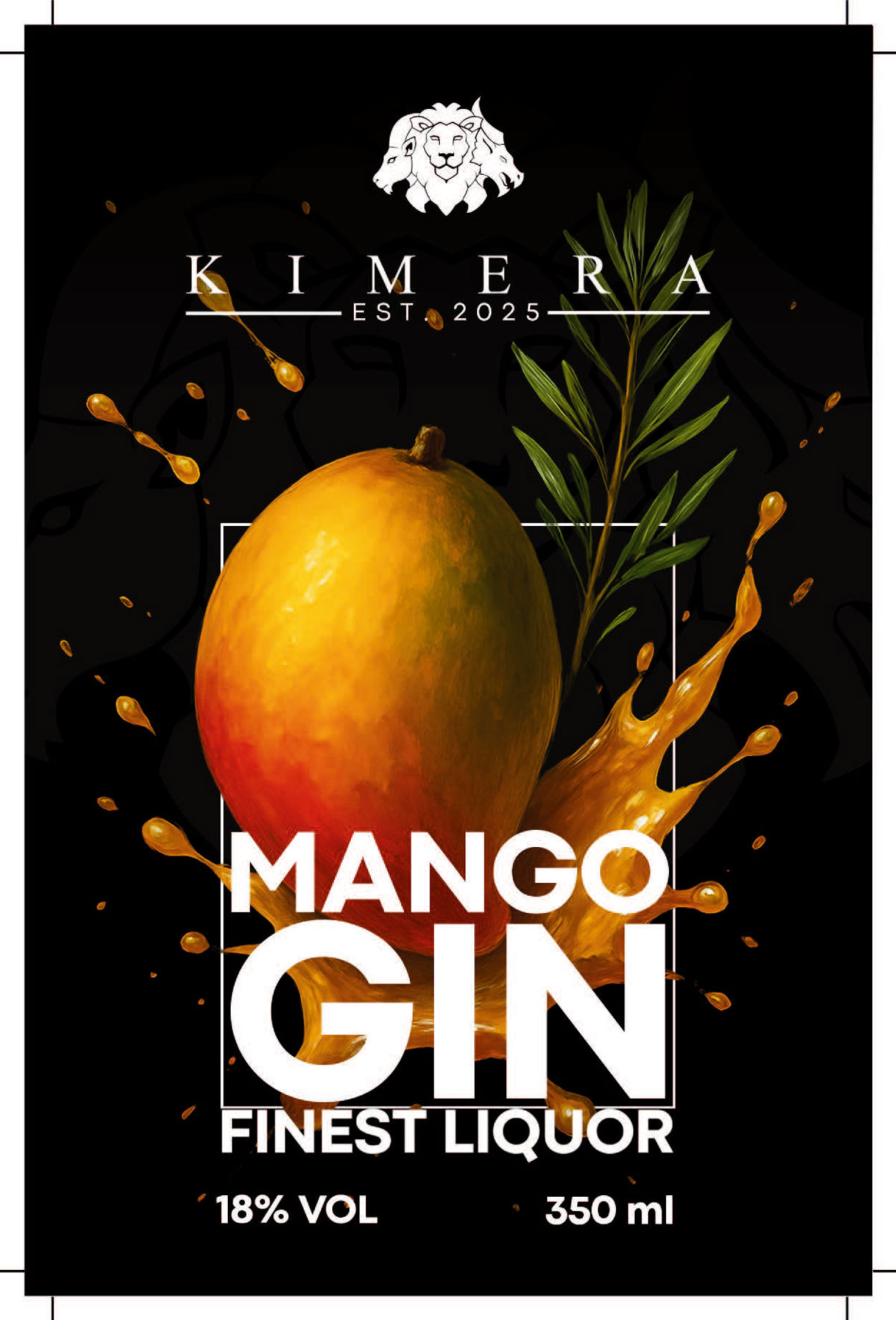 Mango-Gin-Flasche mit Mangospritzer und Blatt auf schwarzem Hintergrund.