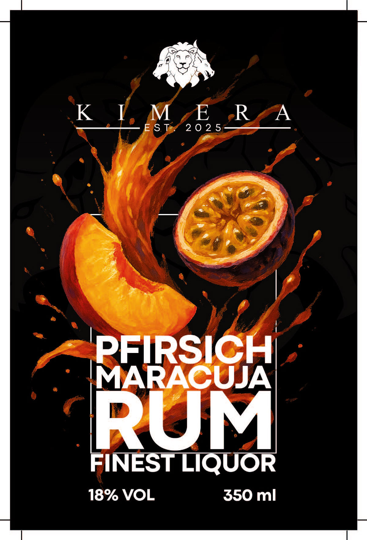 Ein Etikett mit Spritzern von Pfirsich und Maracuja für einen Rum. 18% Alkohol, 350 ml.
