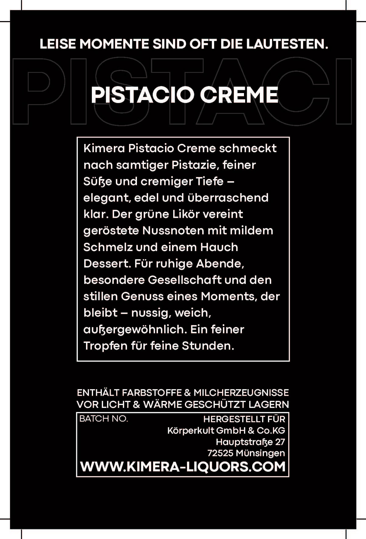 Ein Werbeposter für Pistaziencreme mit detaillierter Produktbeschreibung in Weiß auf Schwarz.