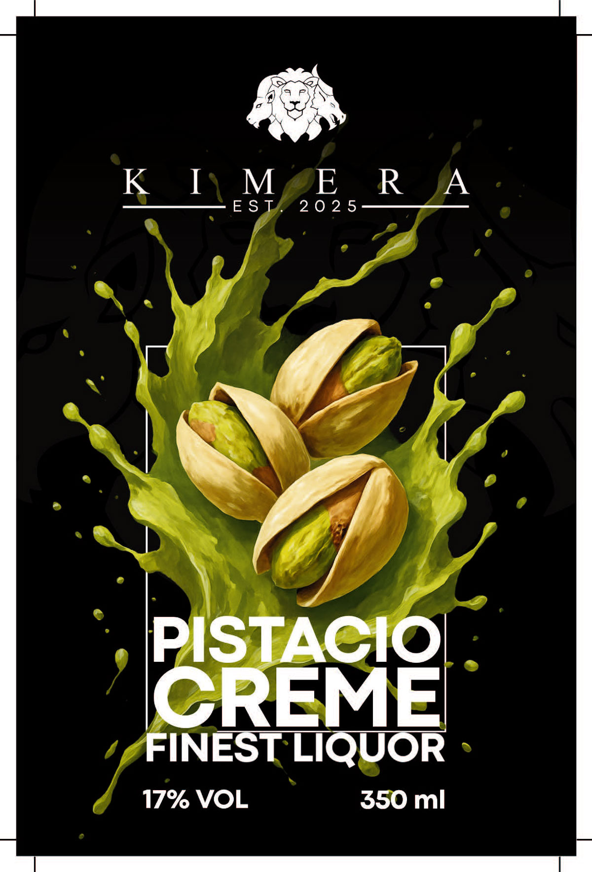 Etikett eines Pistazien-Creme-Likörs mit spritzenden hellgrünen Pistazien auf schwarzem Hintergrund.