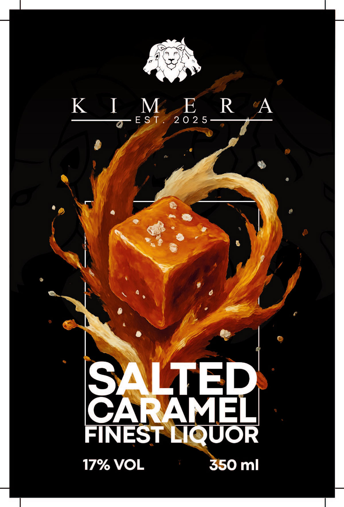 Text u0022Kimera Salted Caramel Finest Liquoru0022; ein Karamellwürfel, umgeben von spritziger Flüssigkeit.