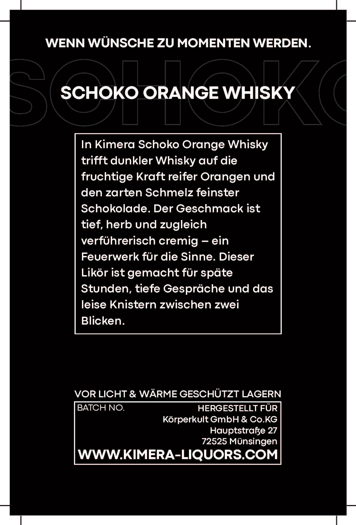 Plakat beschreibt Kimera Schoko Orange Whisky in weißer Schrift auf schwarzem Hintergrund.