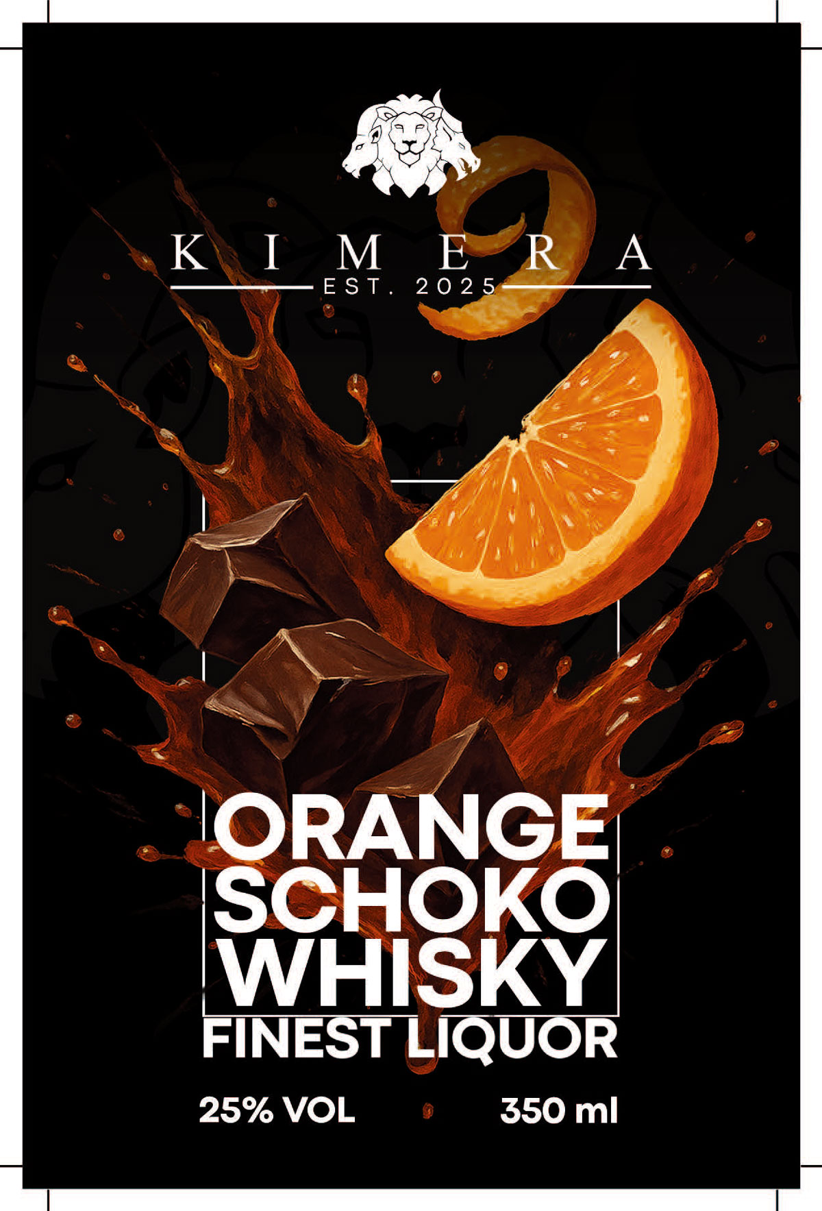 Schwarze Verpackung mit Orangenstück, Schokolade und Whisky-Spritzern, weiße Schrift.